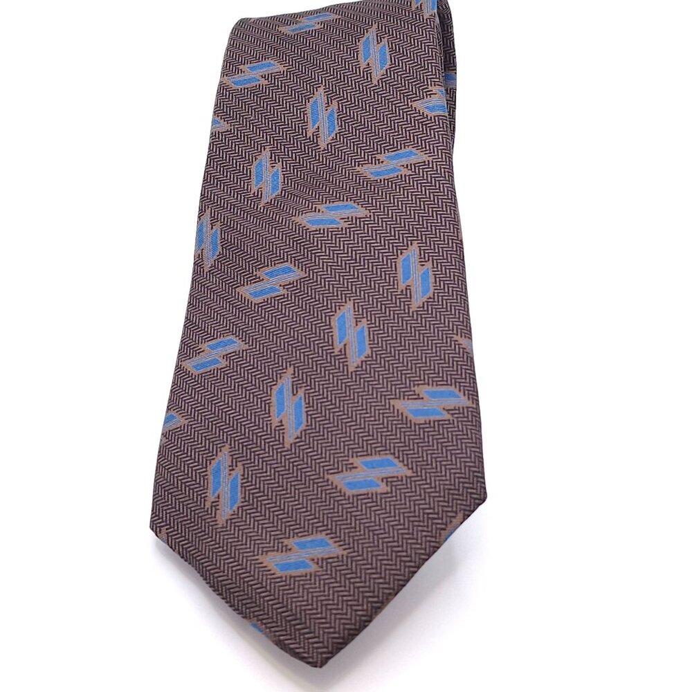 Yves Saint Laurent Silk Brown & Blue Geometric Patterned Tie